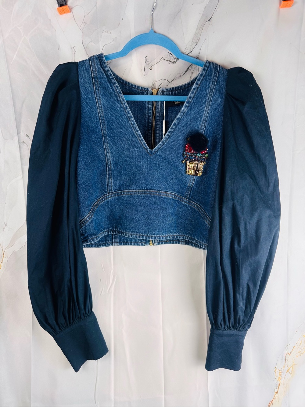 ✨ GIZIA Denim Corset Puff Sleeve Designer Blouse | NWT | Size 42 ✨